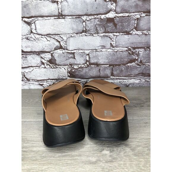 Fitflop F-Mode Brown Leather Flatform Cross Strap Slides Women’s Sz 10M US/42EU - Picture 4 of 16